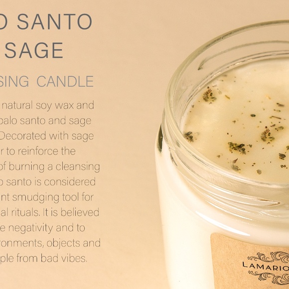 PALO SANTO + SAGE"- Smudge Soy Candle w Crushed Sage Leafs for Energy Cleansing - Picture 3 of 6